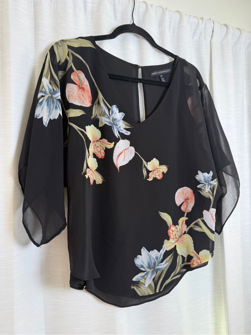 White House Black Market Black Floral Chiffon Blouse | Size XS - Picture 6 of 12